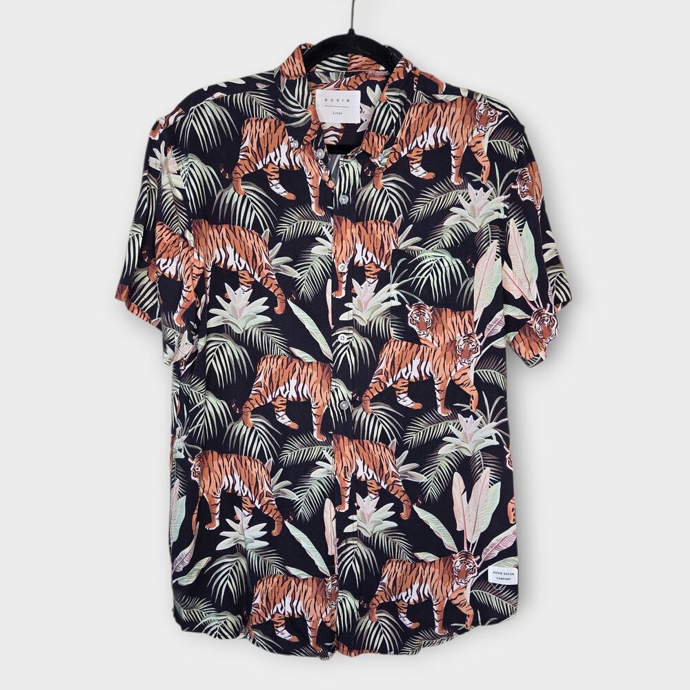 Duvin Tiger Jungle Tropical Print Camp Collar Shirt Mens Large